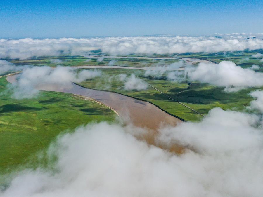 An aerial drone photo taken on Aug. 22, 2023 shows a view of the Yellow River in Zoige County of Aba Tibetan-Qiang Autonomous Prefecture, southwest China's Sichuan Province. (Xinhua/Wang Xi)