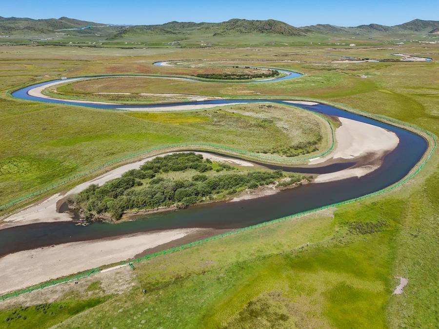 An aerial drone photo taken on Aug. 13, 2026 shows a view of an ecological restoration project of a tributary of the Yellow River in Aba Tibetan-Qiang Autonomous Prefecture, southwest China's Sichuan Province. (Xinhua/Wang Xi)
