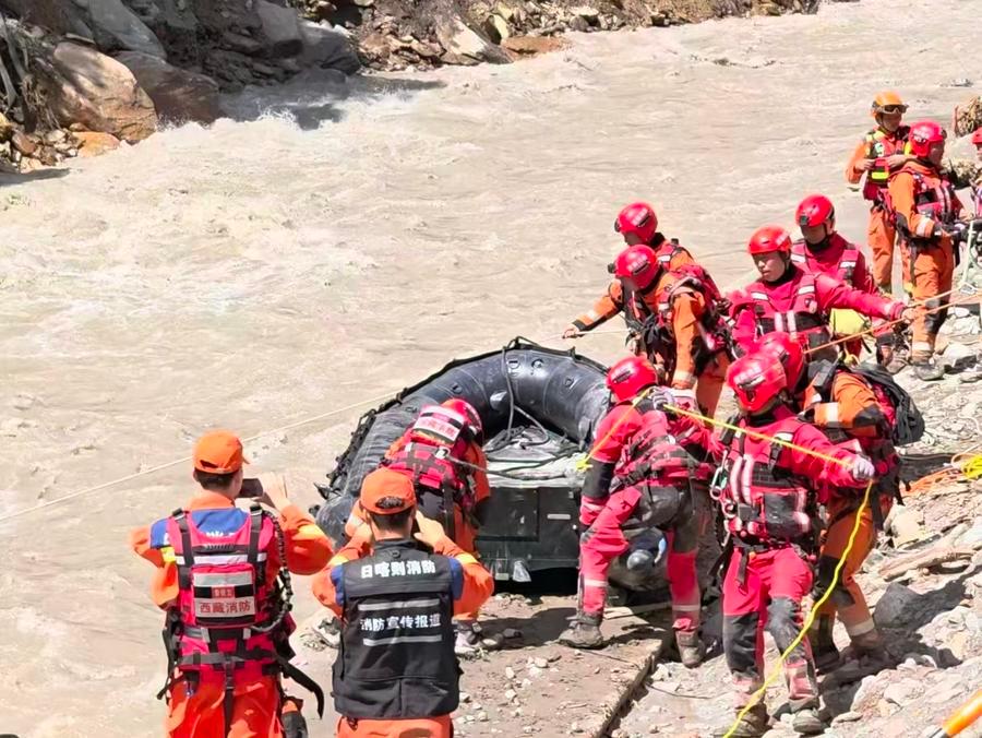 This screenshot from a video clip taken on Aug. 28, 2026 shows rescue operations underway at the mudslide-hit area. (Xinhua)