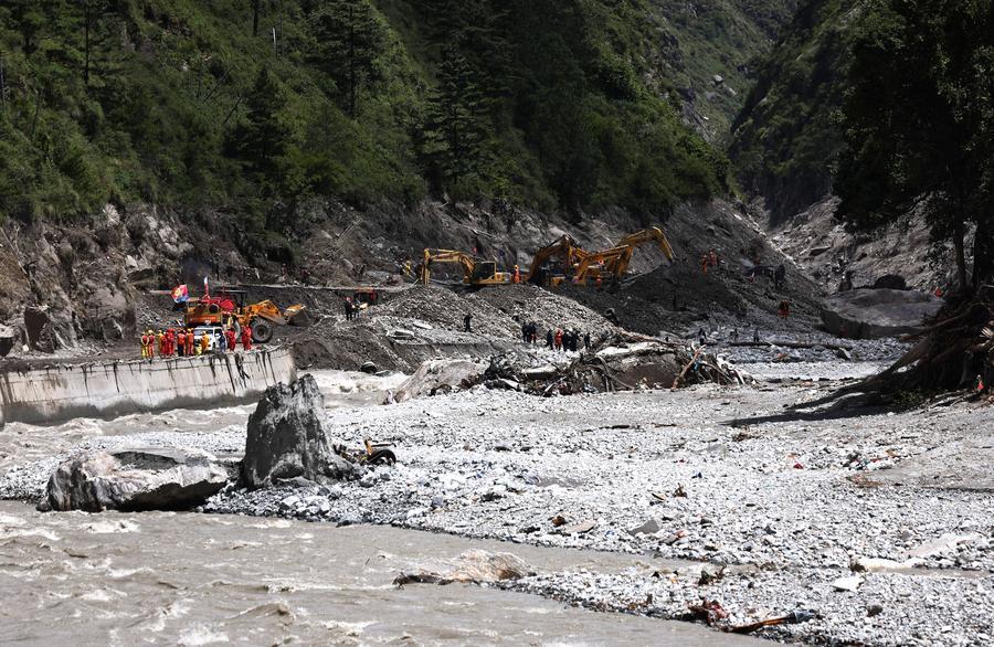 This photo taken on Aug. 28, 2026 shows rescue operations underway at the mudslide-hit area. (Xinhua/Jiang Fan)