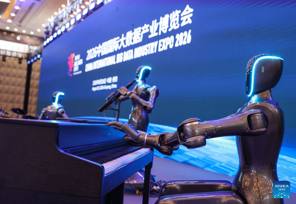 A robot band performs during the opening ceremony of the 2026 China International Big Data Industry Expo in Guiyang, southwest China's Guizhou Province, Aug. 28, 2026. The 2026 China International Big Data Industry Expo opened on Friday.  Themed "Token: A New Path to Value of Data Elements," the expo has attracted 372 domestic and international companies and over 16,000 registered guests. (Xinhua/Yang Wenbin)