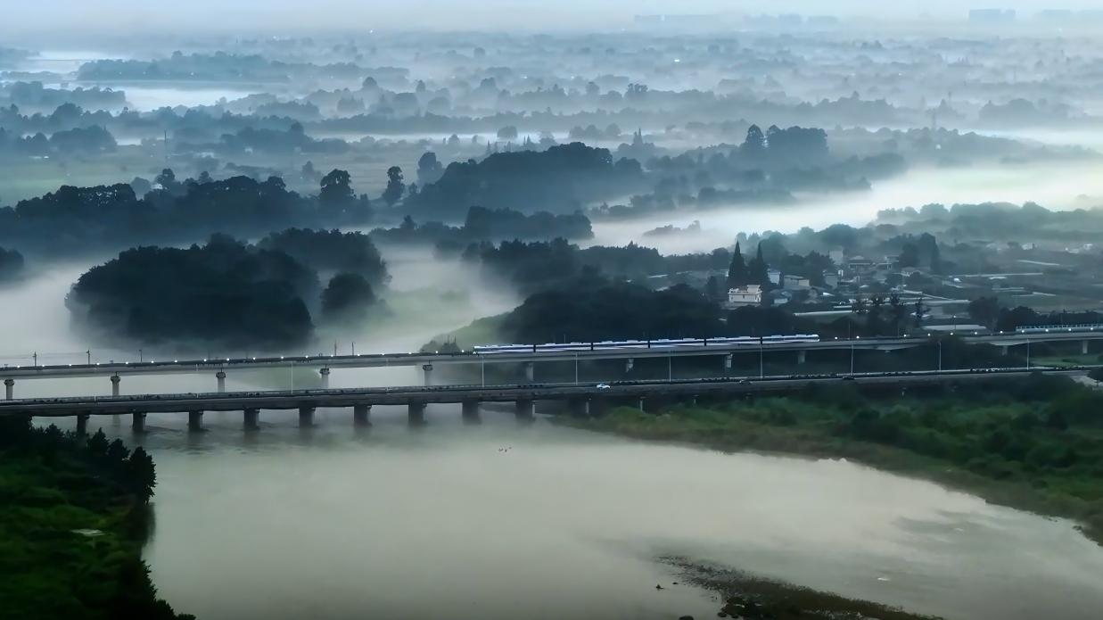 Metro train glides through a living Chinese painting