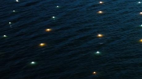 Fishing lights twinkle like stars on Erhai Lake at night