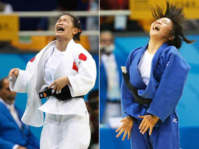 Chinese judo athletes celebrate after winning the titles