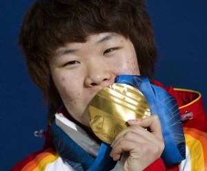 Zhou Yang at victory ceremony for women's 1500m short track speed skating