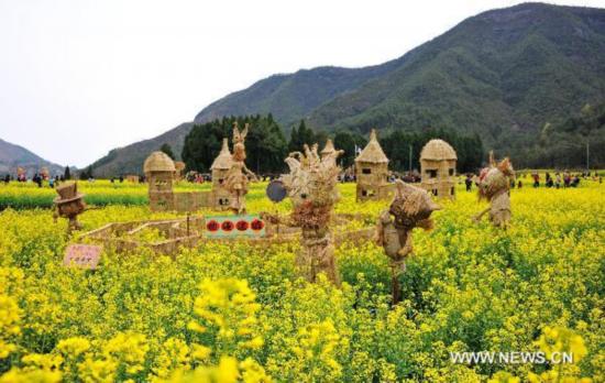 Scarecrows settled in rape flowers field in E China