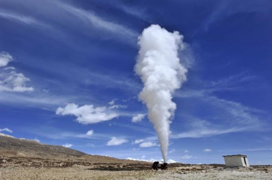 Steam gushes out of earth at Yangbajain geothermal power station in China's Tibet