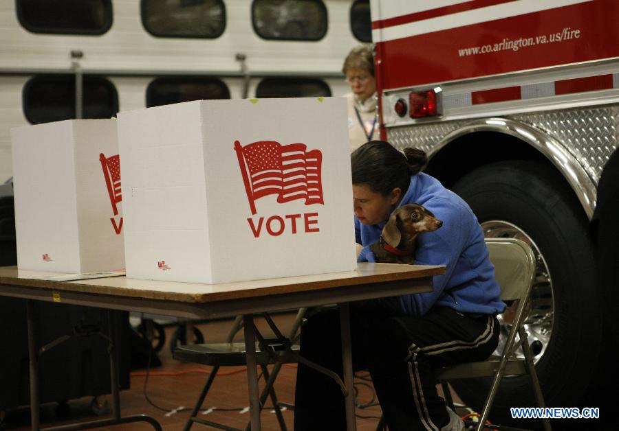 A woman writes her ballot in a polling station in Arlington of Virginia, the United States, on Nov. 6, 2012. The quadrennial U.S. presidential elections kicked off Tueseday. (Xinhua/Fang Zhe) 