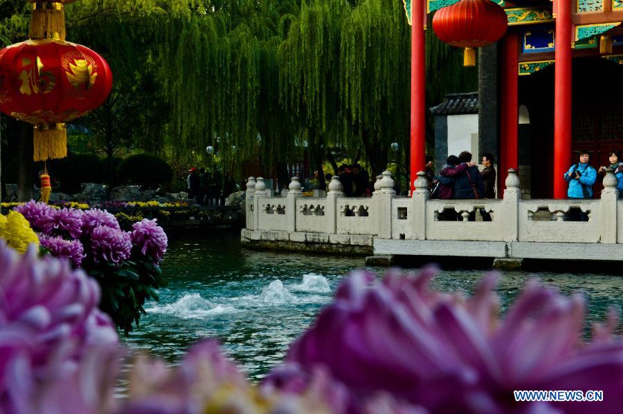 Visitors take photos of chrysanthemum and the spring in the Baotu Spring Park in Jinan, capital of east China's Shandong Province, Nov. 6, 2012. (Xinhua/Guo Xulei) 