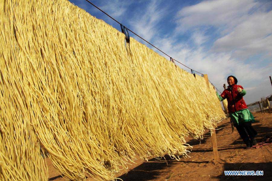 Villagers air sweet potato vermicelli in Peicun Village of Bocheng Township in Huangxian County, central China's Henan Province, Nov. 4, 2012. More than 100 families in the village live on making sweet potato vermicelli and their annual revenues are able to hit more than four million yuan (640,400 US dollars). (Xinhua/Liu Xiaokun) 