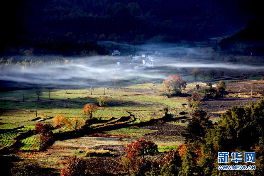 Photo taken on Nov.5, 2012 shows the beautiful autumn view in Tachuan village in Yi county in Anhui province. The Huizhou-style dwellings in Tachuan village at the foot of Mount Huang were shrouded in light fog after a morning rain, presenting the breathtaking scenery. (Xinhua/Shi Guangde)  