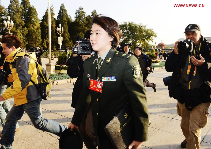 Jiao Liuyang, a delegate of the 18th National Congress of the Communist Party of China (CPC), arrives to attend the 18th CPC National Congress at the Great Hall of the People in Beijing, capital of China, Nov. 8, 2012. The 18th CPC National Congress will be opened in Beijing on Thursday morning. (Xinhua/Jin Liangkuai)