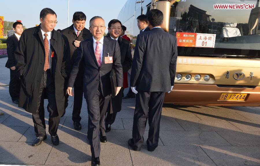 Delegates of the 18th National Congress of the Communist Party of China (CPC) arrive to attend the 18th CPC National Congress at the Great Hall of the People in Beijing, capital of China, Nov. 8, 2012. The 18th CPC National Congress will be opened in Beijing on Thursday morning. (Xinhua/Li Xin)