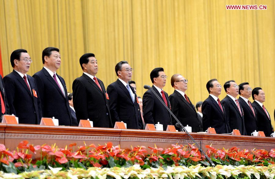 Hu Jintao (5th L), Jiang Zemin (5th R), Wu Bangguo (4th L), Wen Jiabao (4th R), Jia Qinglin (3rd L), Li Changchun (3rd R), Xi Jinping (2nd L), Li Keqiang (2nd R), He Guoqiang (1st L) and Zhou Yongkang (1st R) attend the opening ceremony of the 18th National Congress of the Communist Party of China (CPC) at the Great Hall of the People in Beijing, capital of China, on Nov. 8, 2012. The 18th CPC National Congress opened in Beijing on Thursday. (Xinhua/Liu Jiansheng)