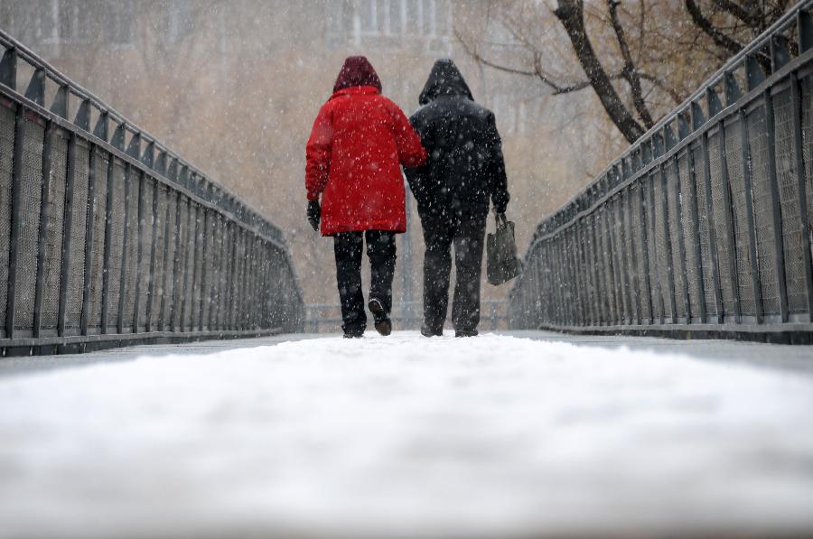 Citizens walk through an overbridge in Hegang City, northeast China's Heilongjiang Province, Nov. 8, 2012. Hegang City received small to moderate snowfalls on Thursday. (Xinhua/Wang Kai) 