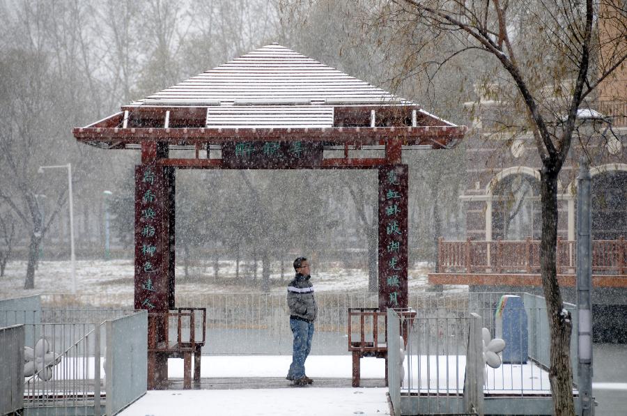 A man looks far into the distance at a pavilion of a park in Hegang City, northeast China's Heilongjiang Province, Nov. 8, 2012. Hegang City received small to moderate snowfalls on Thursday. (Xinhua/Wang Kai) 