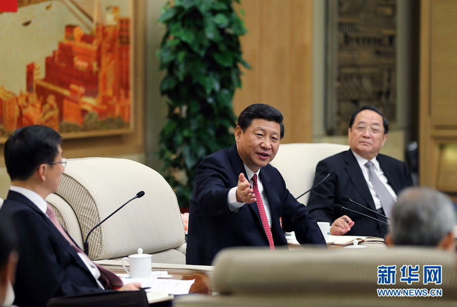 Xi Jinping (C) joins a panel discussion of Shanghai delegation to the 18th National Congress of the Communist Party of China (CPC) in Beijing, capital of China, Nov. 8, 2012. The 18th CPC National Congress was opened in Beijing on Thursday. (Xinhua/Lan Hongguang)