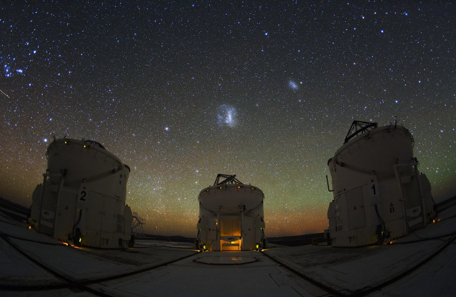 3 ATs. Despite their resemblance to R2D2, these three are not the droids you're looking for. Instead, the enclosures house 1.8 meter Auxiliary Telescopes (ATs) at Paranal Observatory in the Atacama Desert region of Chile. (Photo/ NASA)