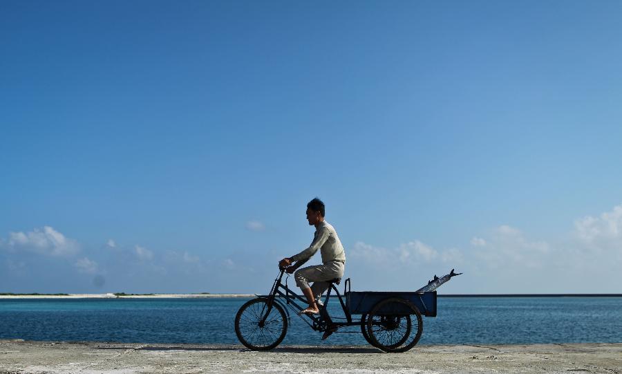 A fisherman cycles back home after fishing, on the Yongxing Island, municipal government seat of Sansha, south China's Hainan Province, Nov. 9, 2012. (Xinhua/Zheng Huansong)