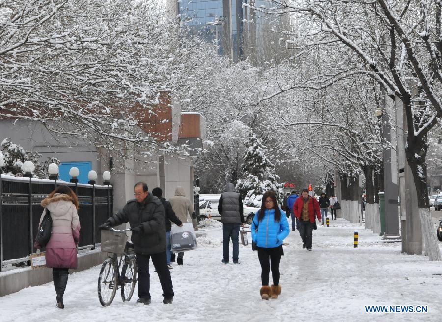 Pedestrians walk on a frozen road in Hohhot, capital of north China's Inner Mongolia Autonomous Region, Nov. 10, 2012. A heavy snowfall hit Hohhot on Nov. 9. (Xinhua/Liu Yide)