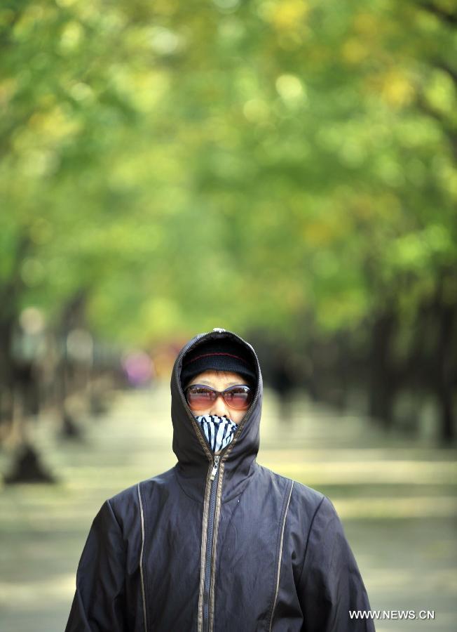 A citizen is seen fully dressed against the wind at the Tiantan Park in Beijing, capital of China, Nov. 11, 2012. Beijing experienced windy weather and a sharp fall in temperature on Sunday following a rainfall the previous day. (Xinhua/Li Wen) 