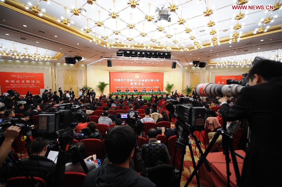 Sun Zhijun, vice minister of the Publicity Department of the Central Committee of the CPC, Zhao Shaohua, vice minister of culture, Tian Jin, vice director of the State Administration of Radio, Film and Television, and Jiang Jianguo, vice director of the General Administration of Press and Publication, attend a press conferece at the press center of the 18th CPC National Congress in Beijing. (Xinhua/Li Xin)