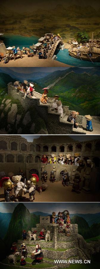 Combined photo made on Nov. 11, 2012 shows (top to bottom) Teddy Bears laid in a scenario of an ancient Chinese great artwork - Chinese Symphonic Picture Riverside Scene at Qingming Festival, in a scenario of the Great Wall in China, in a scenario of a Colosseum in the ancient Rome and in a scenario of the Machu Picchu Castle in Peru, at a Teddy Bear Museum in Chengdu, capital of southwest China's Sichuan Province, Nov. 11, 2012.  (Xinhua/Jiang Hongjing) 