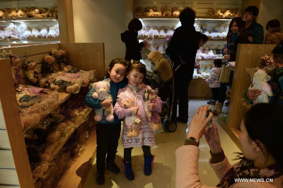 Two little girls pose for pictures after buying Teddy Bears at a Teddy Bear Museum in Chengdu, capital of southwest China's Sichuan Province, Nov. 11, 2012. (Xinhua/Jiang Hongjing) 