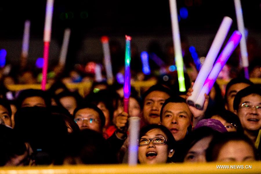 People gather to view performance at Rock Records 30th Anniversary Nanjing Concert in Nanjing, capital of east China's Jiangsu Province, Nov. 10, 2012. More than 50 singers performed at the concert. (Xinhua/Hei Songzi) 