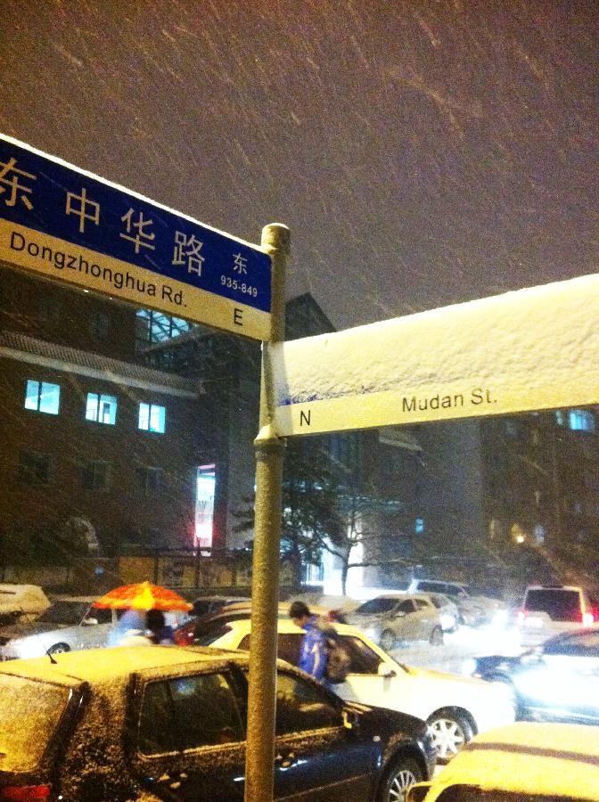 Pedestrians and vehicles are seen on a street in Changchun, capital of northeast China's Jilin Province, Nov. 12, 2012. The National Meteorological Center issued a yellow warning for further snowstorms in northeast China on Monday afternoon. From 8 p.m. Monday to 8 p.m. Tuesday, heavy snows or storms will hit Jilin, Heilongjiang, Inner Mongolia and northwest Xinjiang, with precipitation of 10 to 15 mm, the center forecast. (Xinhua/Zhang Jian)