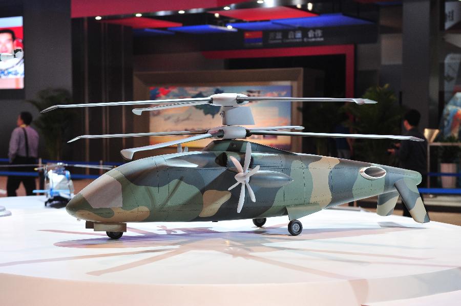 Photo taken on Nov. 12, 2012 shows a conceptual helicopter model made by the Aviation Industry Corporation of China (AVIC), in Zhuhai, south China's Guangdong Province. The 9th China International Aviation and Aerospace Exhibition kicked off on Tuesday in Zhuhai. As a major exhibitor, AVIC will showcase over 150 products during the 6-day-long airshow. (Xinhua/Yang Guang) 