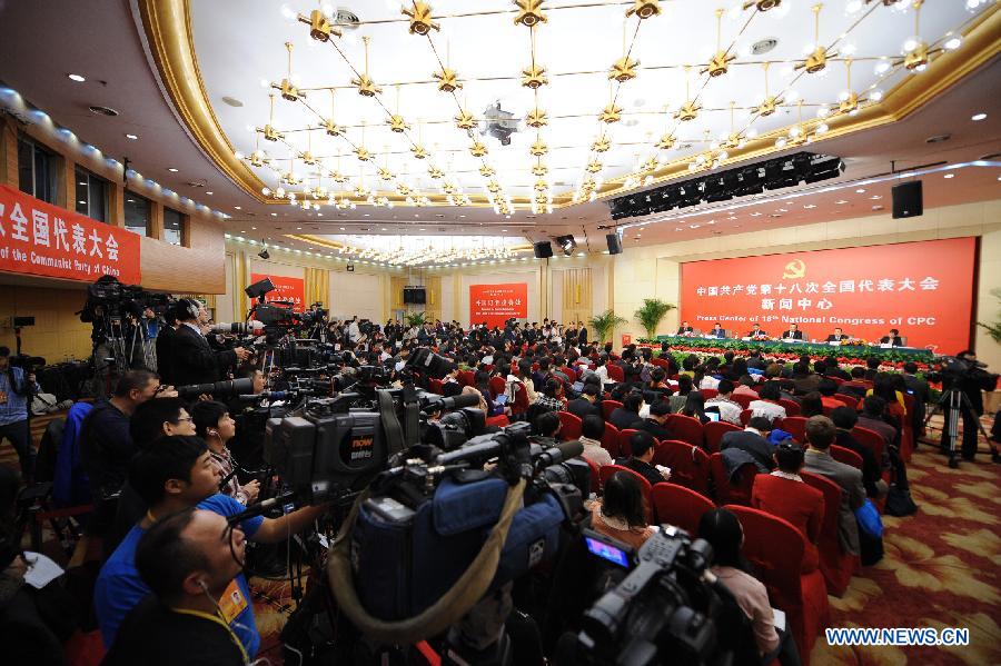 Minister of Housing and Urban-Rural Development Jiang Weixin, Deputy Director of the National Development and Reform Commission Zhu Zhixin, Minister of Environmental Protection Zhou Shengxian and Vice Minister of Human Resources and Social Security Yang Zhiming attend a press conference held by the press center of the 18th National Congress of the Communist Party of China (CPC) in Beijing. (Xinhua/Li Xin)