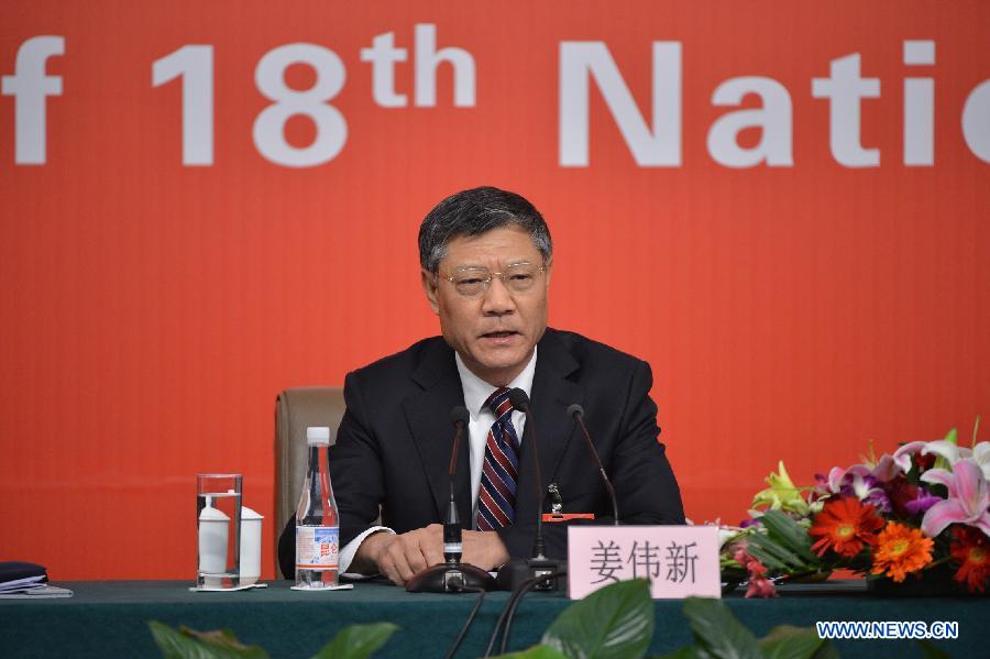 Minister of Housing and Urban-Rural Development Jiang Weixin speaks at a press conference held by the press center of the 18th National Congress of the Communist Party of China (CPC) in Beijing, capital of China, Nov. 12, 2012. (Xinhua/Li Xin)
