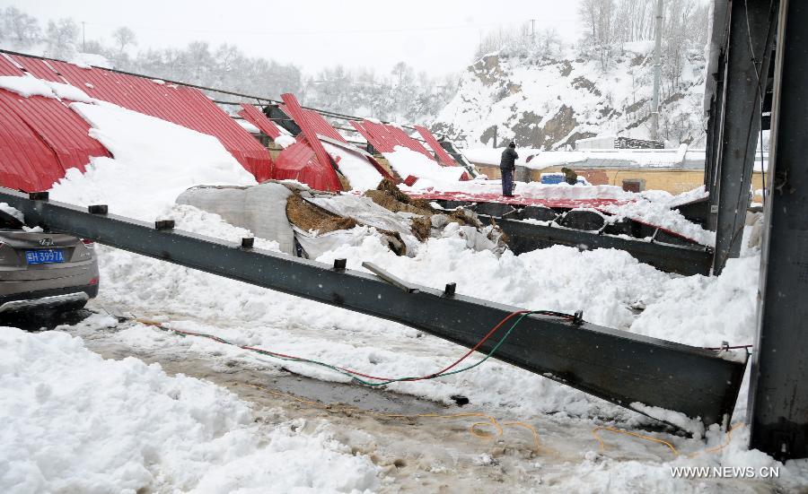 A car is crushed by a steel support, which was damaged by the snowstorm in Hegang, northeast China's Heilongjiang Province, Nov. 13, 2012. The city witnessed an intense snowfall since Nov. 11. (Xinhua/Wang Kai) 