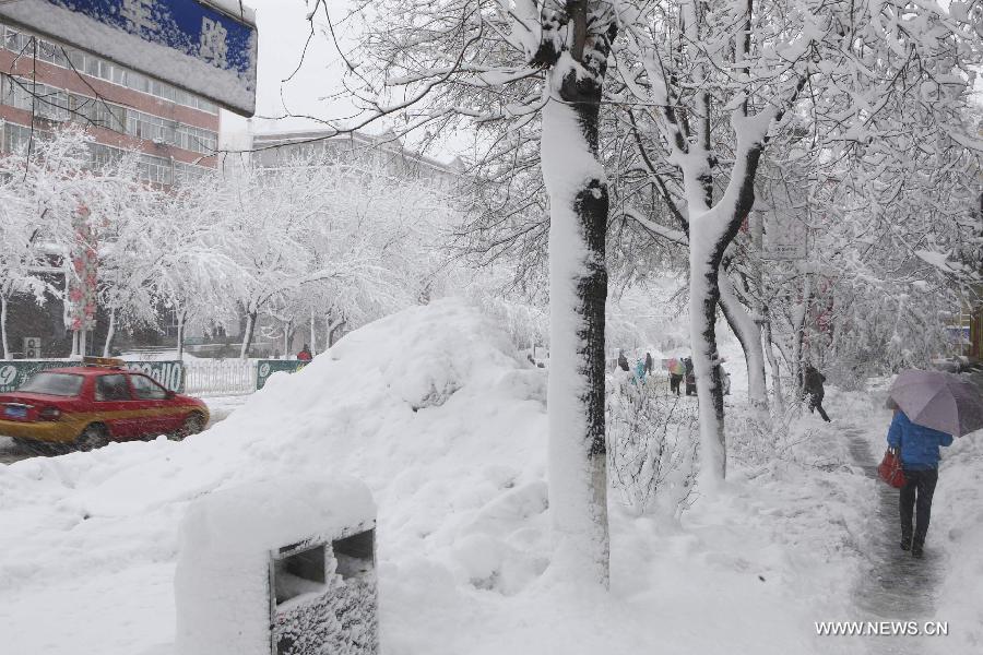 Pedestrians walk in snow in Hegang, northeast China's Heilongjiang Province, Nov. 13, 2012. Snowstorms in recent days have affected road traffic and caused difficulties to local people in northeast China. (Xinhua/Fang Baoshu) 