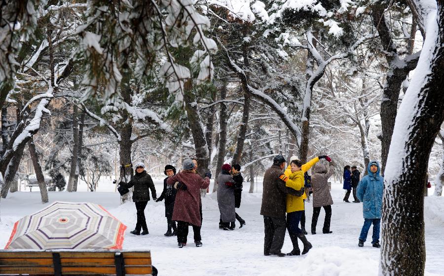 Citizens dance in a snow-covered yard of Nanhu Park in Changchun, capital of northeast China's Jilin Province, Nov. 13, 2012. The city witnessed a heavy snow since Monday. (Xinhua/Xu Chang) 
