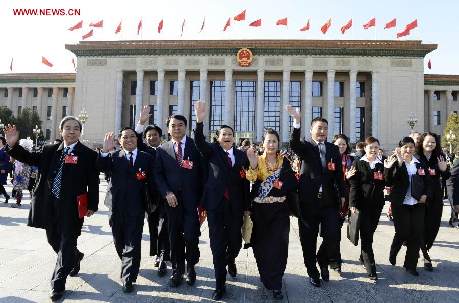 Delegates leave after the closing session of the 18th National Congress of the Communist Party of China (CPC) at the Great Hall of the People in Beijing, capital of China, Nov. 14, 2012. (Xinhua/Xie Huanchi)
