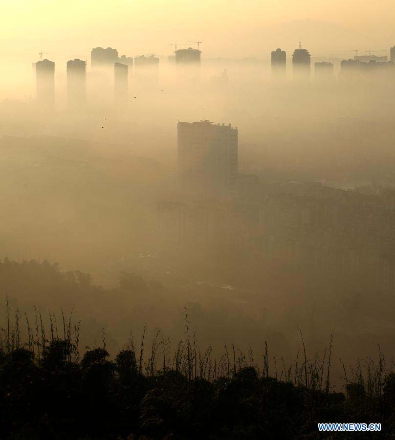 Photo taken on Nov. 17, 2012 shows buildings shrouded by dense fog in Chongqing, southwest China. (Xinhua/Luo Guojia)  