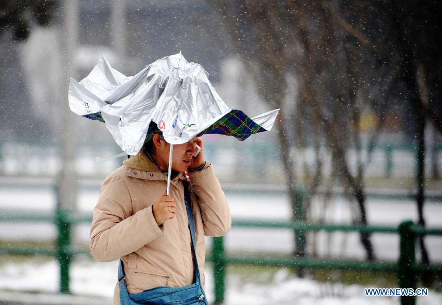A citizen walks in snow in Harbin, capital of northeast China's Heilongjiang Province, Nov. 17, 2012. Another cold front moving eastward will bring more snow to northeast China in the next three days, along with temperature drops and strong winds in some areas, the National Meteorological Center (NMC) forecast on Saturday. (Xinhua/Wang Jianwei) 