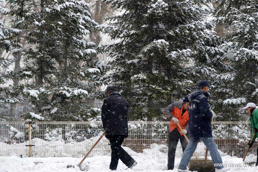 Sanitation workers clean snow in Changchun, capital of northeast China's Jilin Province, Nov. 19, 2012. The local meteorological observatory issued a blue warning for further snowstorms on Monday. (Xinhua/Lin Hong) 