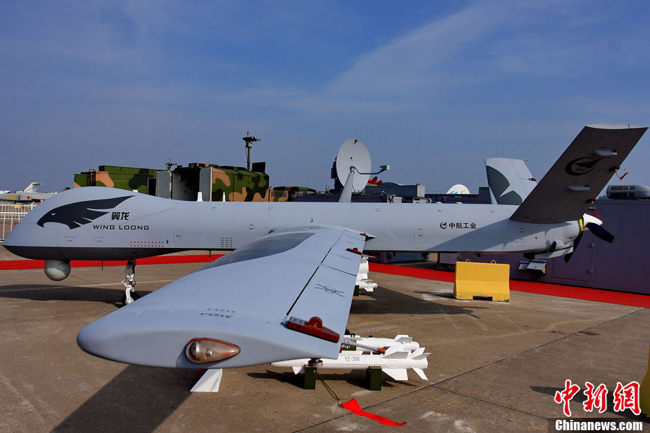 Chinese dual-use drone “Wing Loong” is displayed at the Airshow China 2012 on Nov. 14, 2012, in south China’s Zhuhai. The demonstration on development of drone technologies is a highly expected part of the airshow. (Chinanews.com/Lv Haifeng)