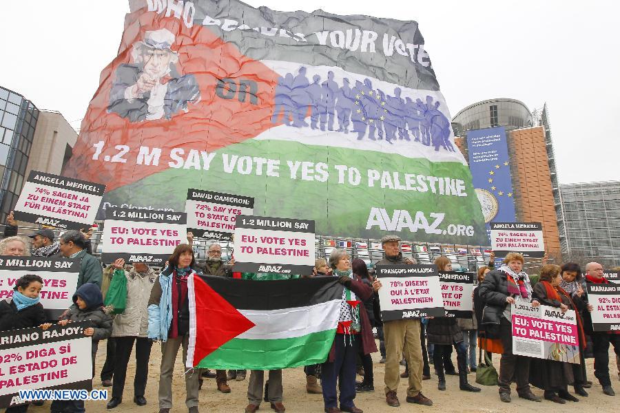 Activists attend a rally with a huge palestinian flag in front of EU headquarters in Brussels, Belgium, Nov. 19, 2012. Demonstrators installed the giant flag to urge EU backing the Palestinian membership in the United Nations. (Xinhua/Zhou Lei) 