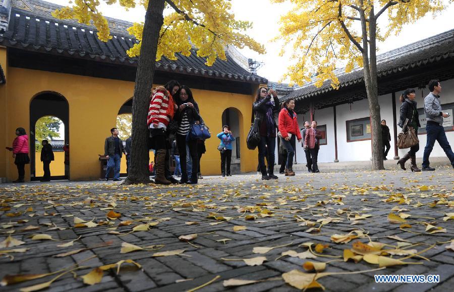 Visitors enjoy autumn leaves in the scenery spot of Huqiushan in Suzhou, east China's Jiangsu Province, Nov. 20, 2012. (Xinhua/Hang Xingwei) 
