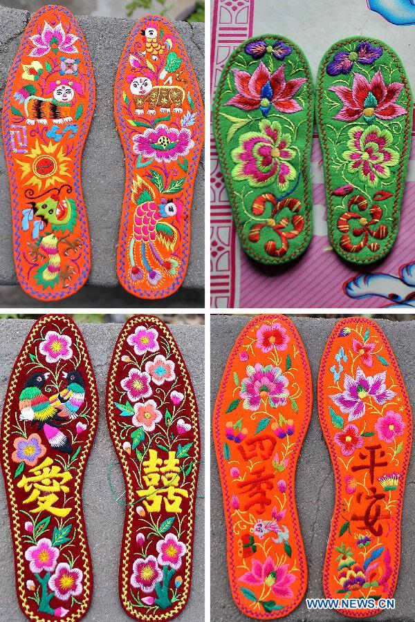 Combination photo shows embroidery insoles made by women farmers of Duizhen Township in Xiaoyi City, north China's Shanxi Province, Nov. 20, 2012. More than 200 women farmers here join in a handicrafts cooperative and start living on their skill in making embroidery insoles. (Xinhua/Zhan Yan) 