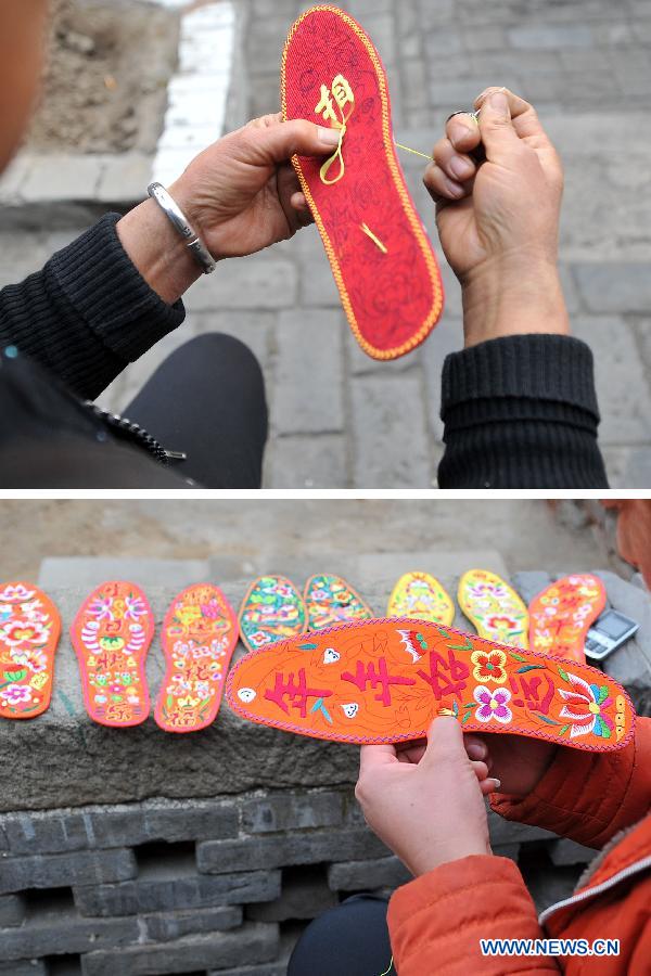 Combination photo shows women farmers making embroidery insoles in Duizhen Township of Xiaoyi City, north China's Shanxi Province, Nov. 20, 2012. More than 200 women farmers here join in a handicrafts cooperative and start living on their skill in making embroidery insoles. (Xinhua/Zhan Yan) 