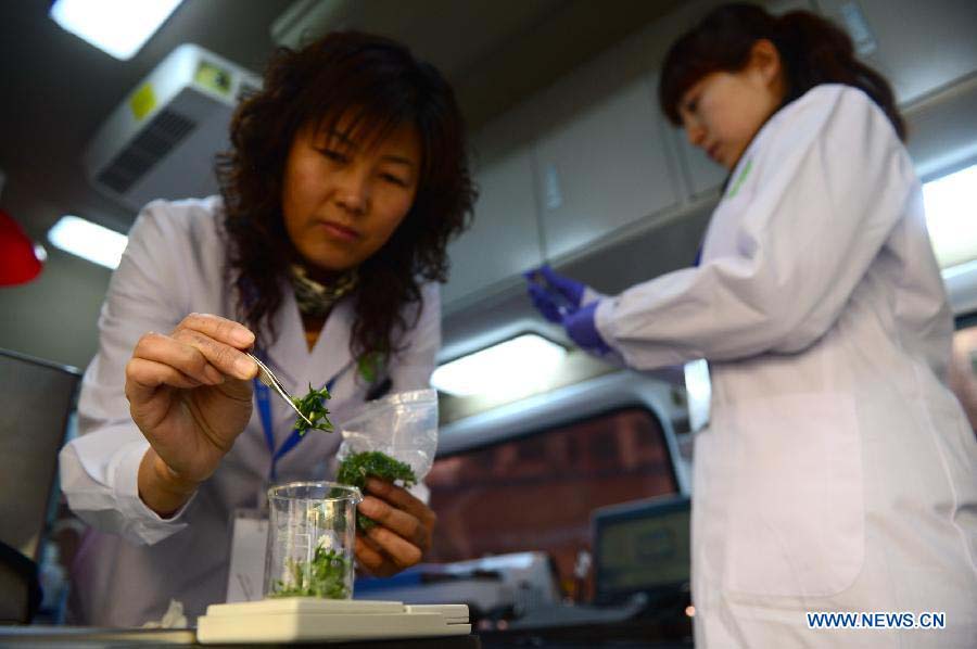 Two researchers test the residual pesticide on vegetables in the newly-developed intelligent vehicle for food detection in Lanzhou, capital of northwest China's Gansu Province, Nov. 21, 2012. The intelligent vehicle can conduct various kinds of food tests on site. (Xinhua/Zhang Meng)