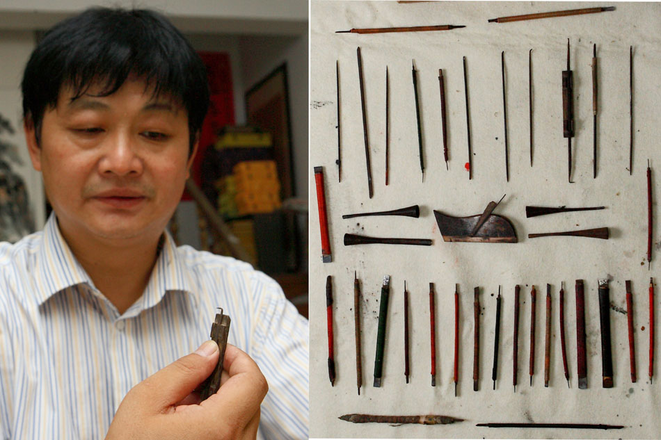 The combo photo taken on Aug. 8, 2012 shows Xiang Shengli (L) and the whole set of his tools for inktick making in Shexian County of east China's Anhui Province, Aug. 8, 2012. (Xinhua/Xu Zijian)