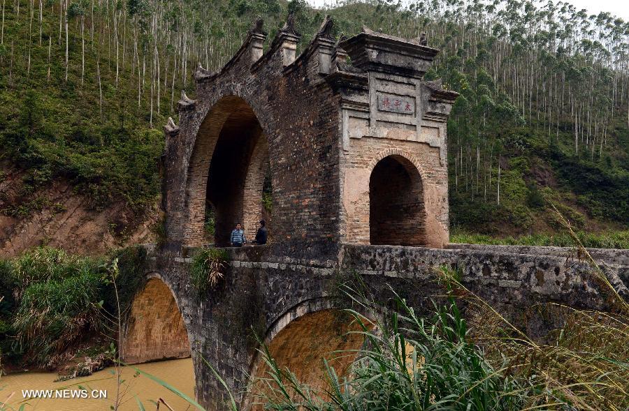 Photo taken on Nov. 21, 2012 shows the Taiping Bridge in Yangcun Village, Longnan County of east China's Jiangxi Province. The arch bridge, made of bricks, clay and moorstone, has been set up here for over 200 years. (Xinhua/Song Zhenping) 