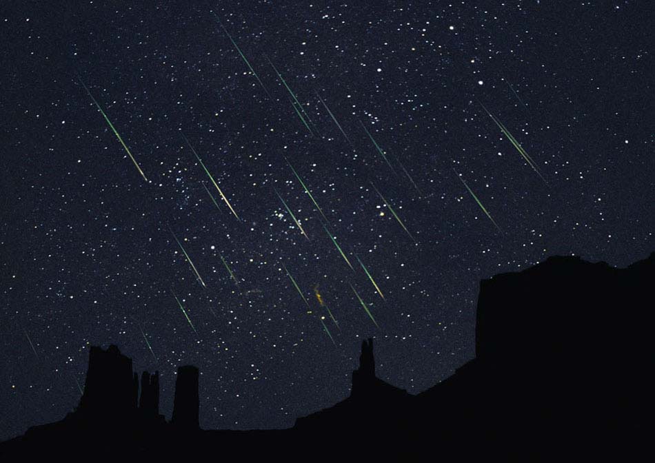 Leonids Over Monument Valley. A meteor shower. Over the past weekend the Leonid meteor shower has been peaking. The image -- actually a composite of six exposures of about 30 seconds each -- was taken in 2001, a year when there was a much more active Leonids shower. (Photo/ NASA)
