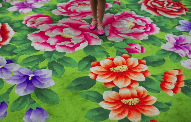 A girl stands on a flower-printed carpet in Pyongyang Children's Palace. This large facility teaches performance art, fine art and sports as extra-curricular activities to students in Pyongyang.(Photo/Xinhua)
